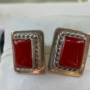 Vintage Taxco Red Coral and Sterling Silver Rectangular Post Earrings